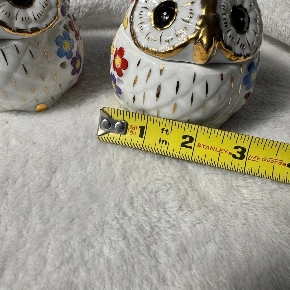 Pair Ceramic Owl Luminary Candle Holders Floral Gold Accent Lidded Decor